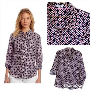 Crown & Ivy L Blue Pink Flip Flop Patterned button down Shirt top